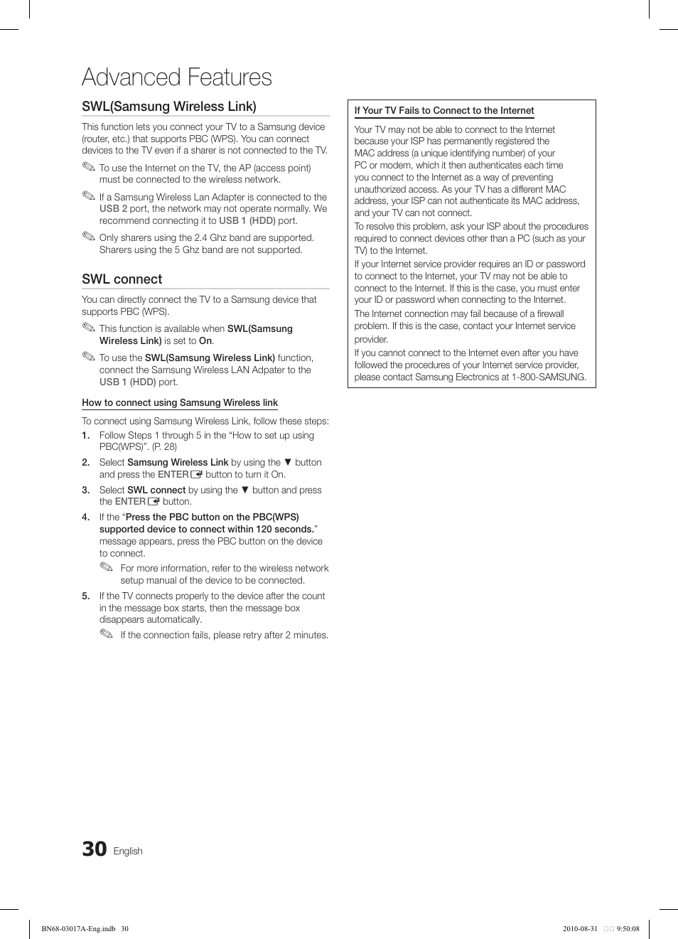 Advanced features, Swl(samsung wireless link), Swl connect | Samsung LN40C560J2FXZA User Manual | Page 30 / 59