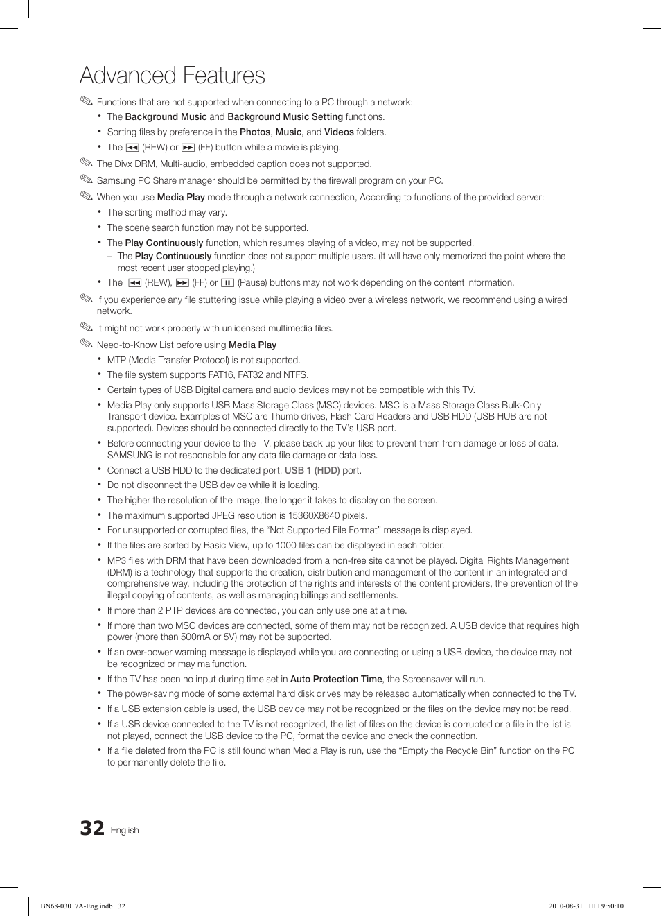 Advanced features | Samsung LN40C560J2FXZA User Manual | Page 32 / 59