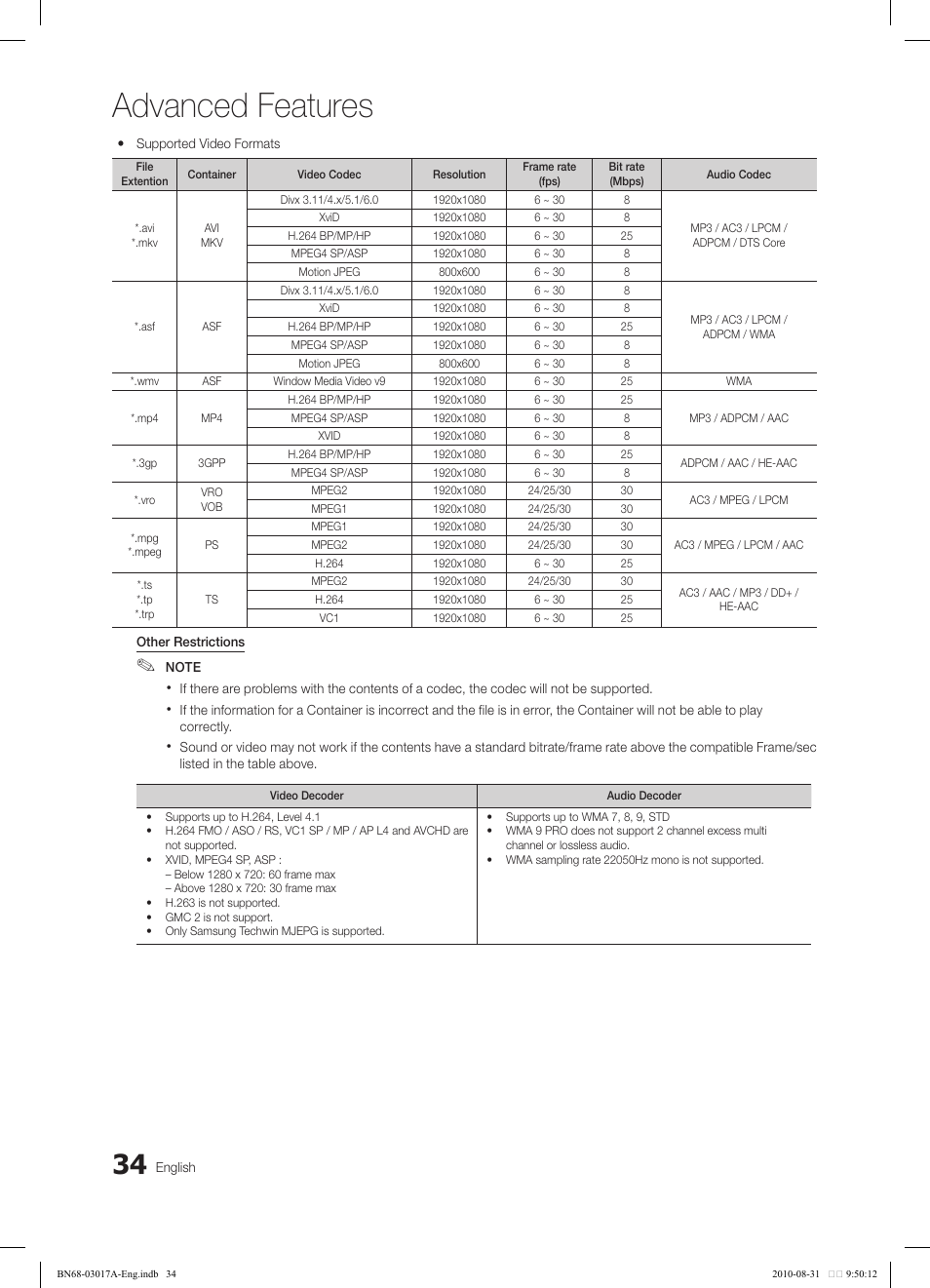 Advanced features | Samsung LN40C560J2FXZA User Manual | Page 34 / 59