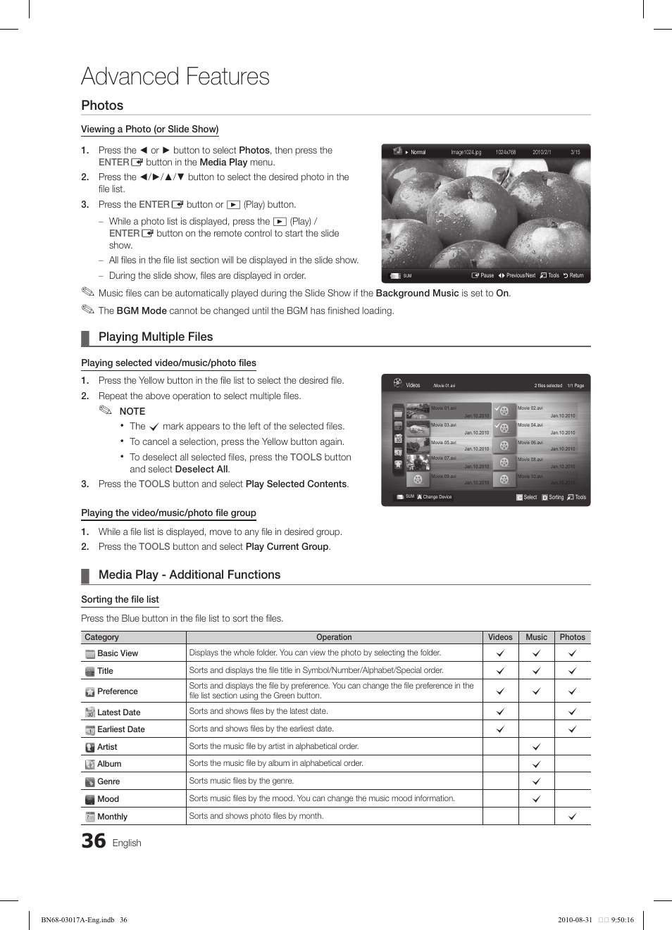 Advanced features, Photos, Playing multiple files | Media play - additional functions | Samsung LN40C560J2FXZA User Manual | Page 36 / 59