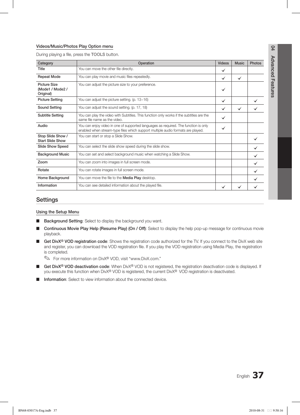 Settings | Samsung LN40C560J2FXZA User Manual | Page 37 / 59
