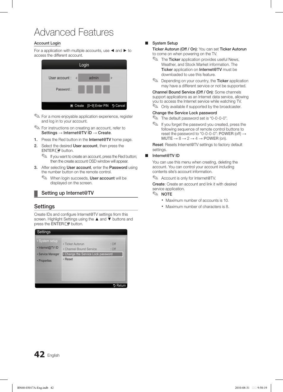 Advanced features, Settings | Samsung LN40C560J2FXZA User Manual | Page 42 / 59