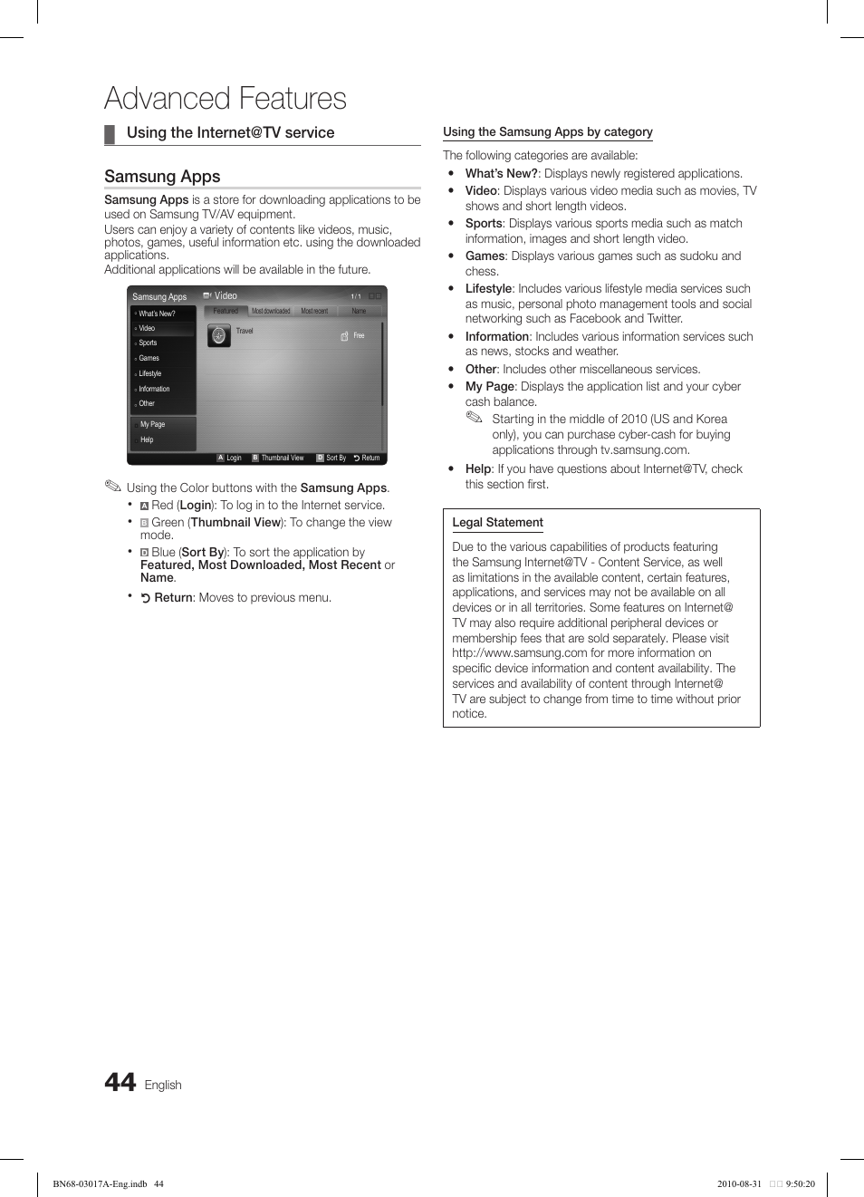 Advanced features, Samsung apps, Using the internet@tv service | Samsung LN40C560J2FXZA User Manual | Page 44 / 59