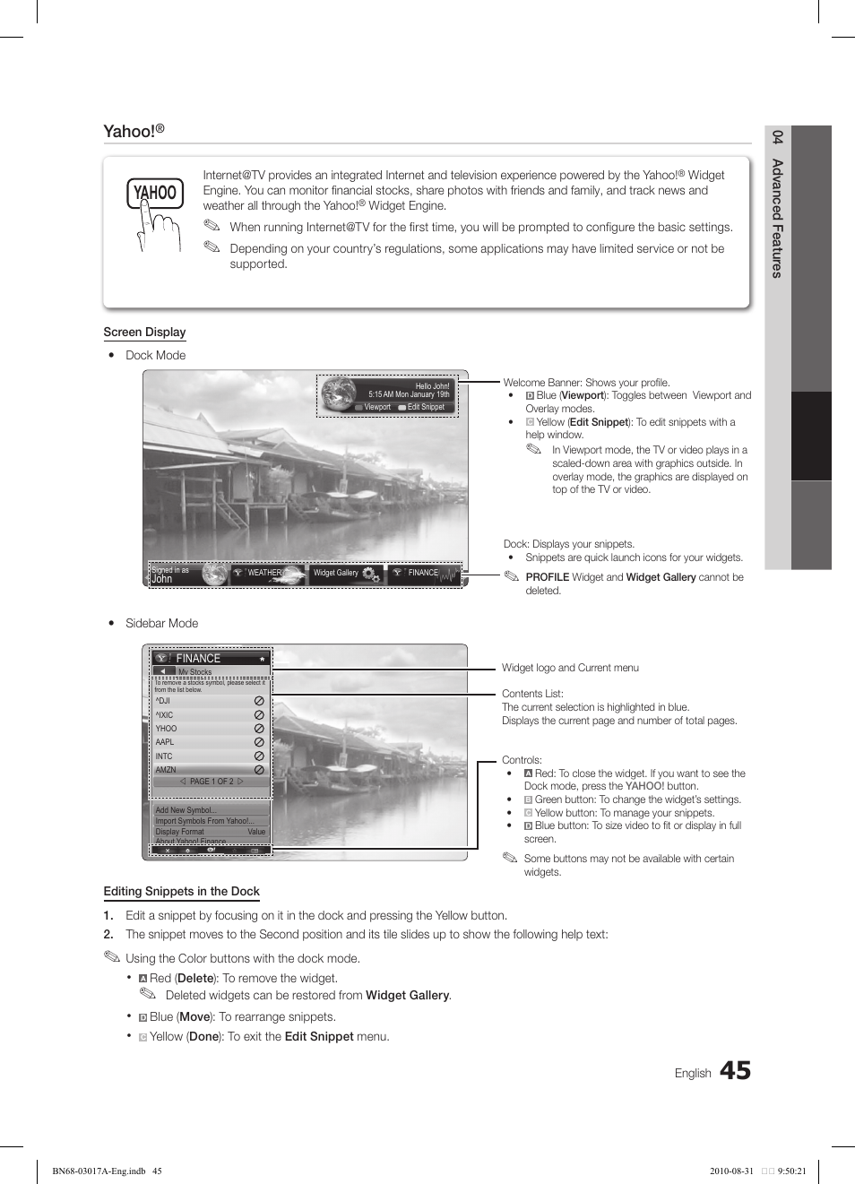 Yahoo ch list, Yahoo, Tv internet | Samsung LN40C560J2FXZA User Manual | Page 45 / 59