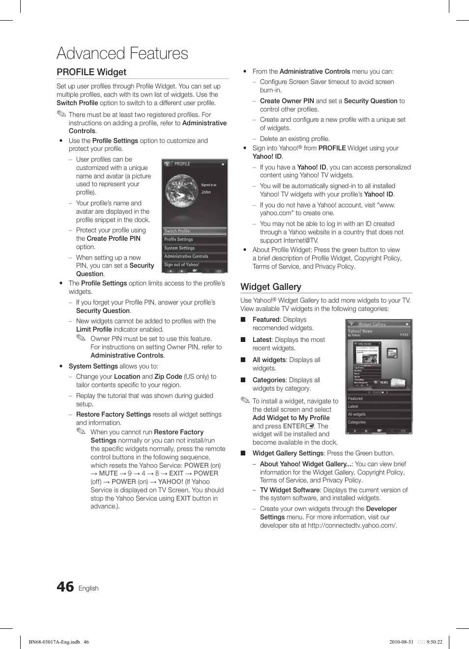 Advanced features, Profile widget, Widget gallery | Samsung LN40C560J2FXZA User Manual | Page 46 / 59
