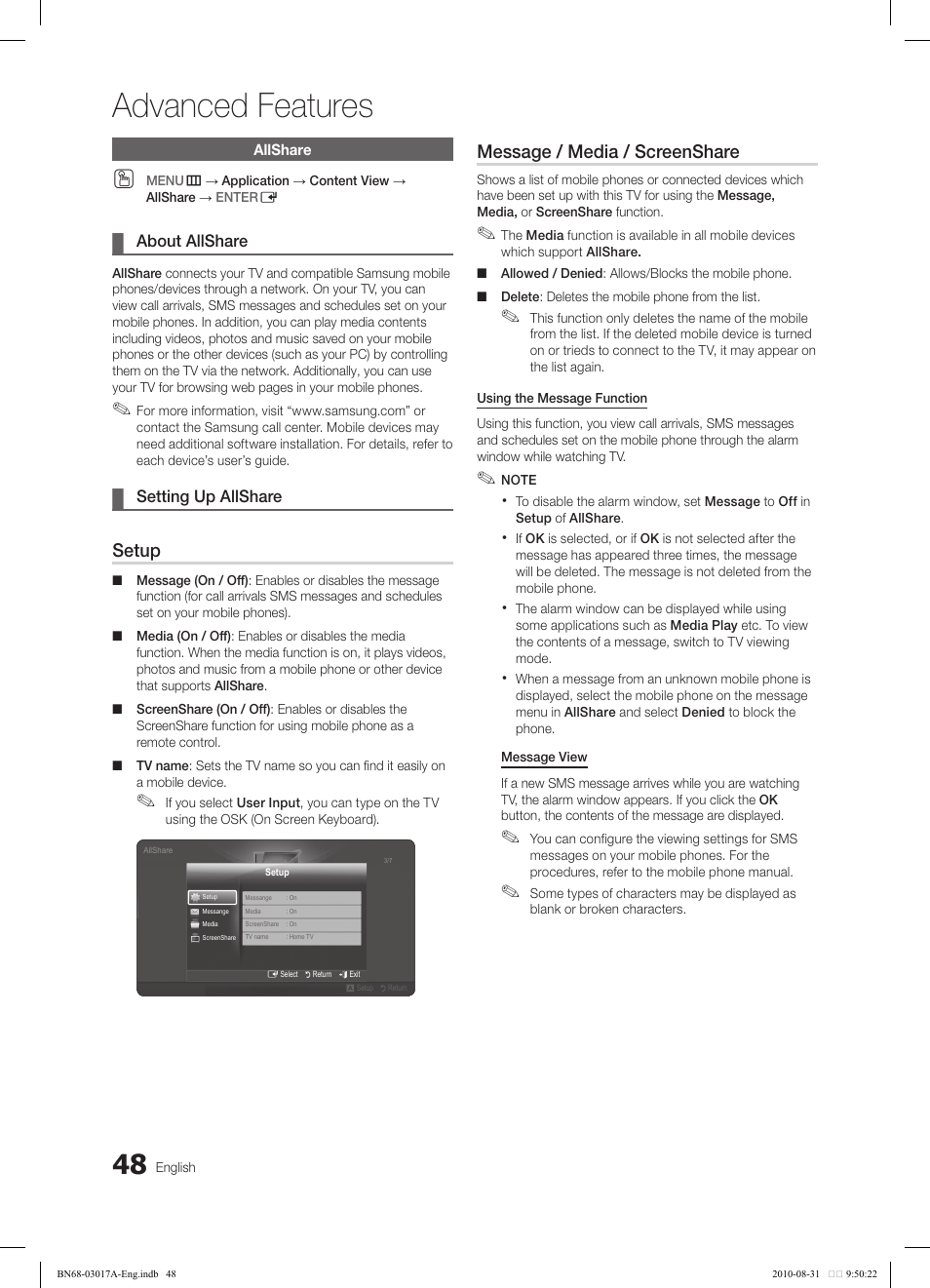 Advanced features, Setup, Message / media / screenshare | Samsung LN40C560J2FXZA User Manual | Page 48 / 59