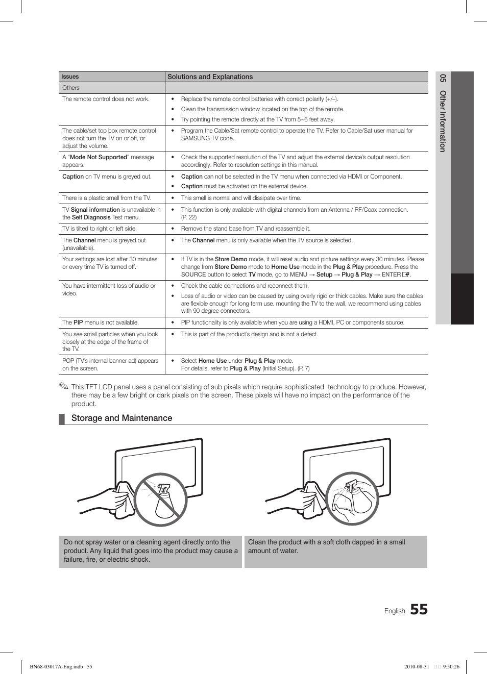 Storage and maintenance | Samsung LN40C560J2FXZA User Manual | Page 55 / 59