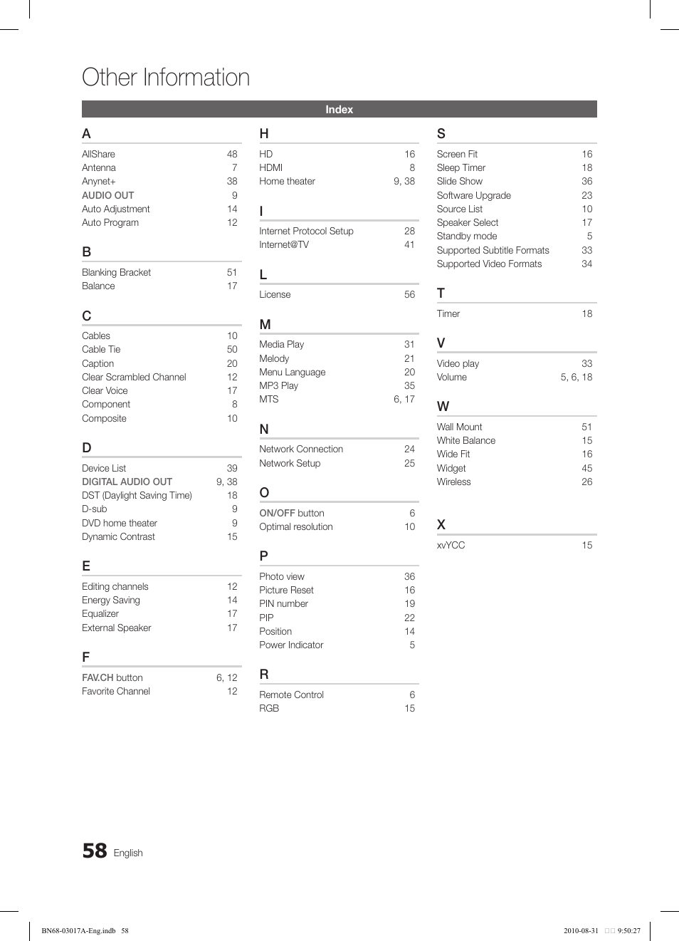 Other information | Samsung LN40C560J2FXZA User Manual | Page 58 / 59