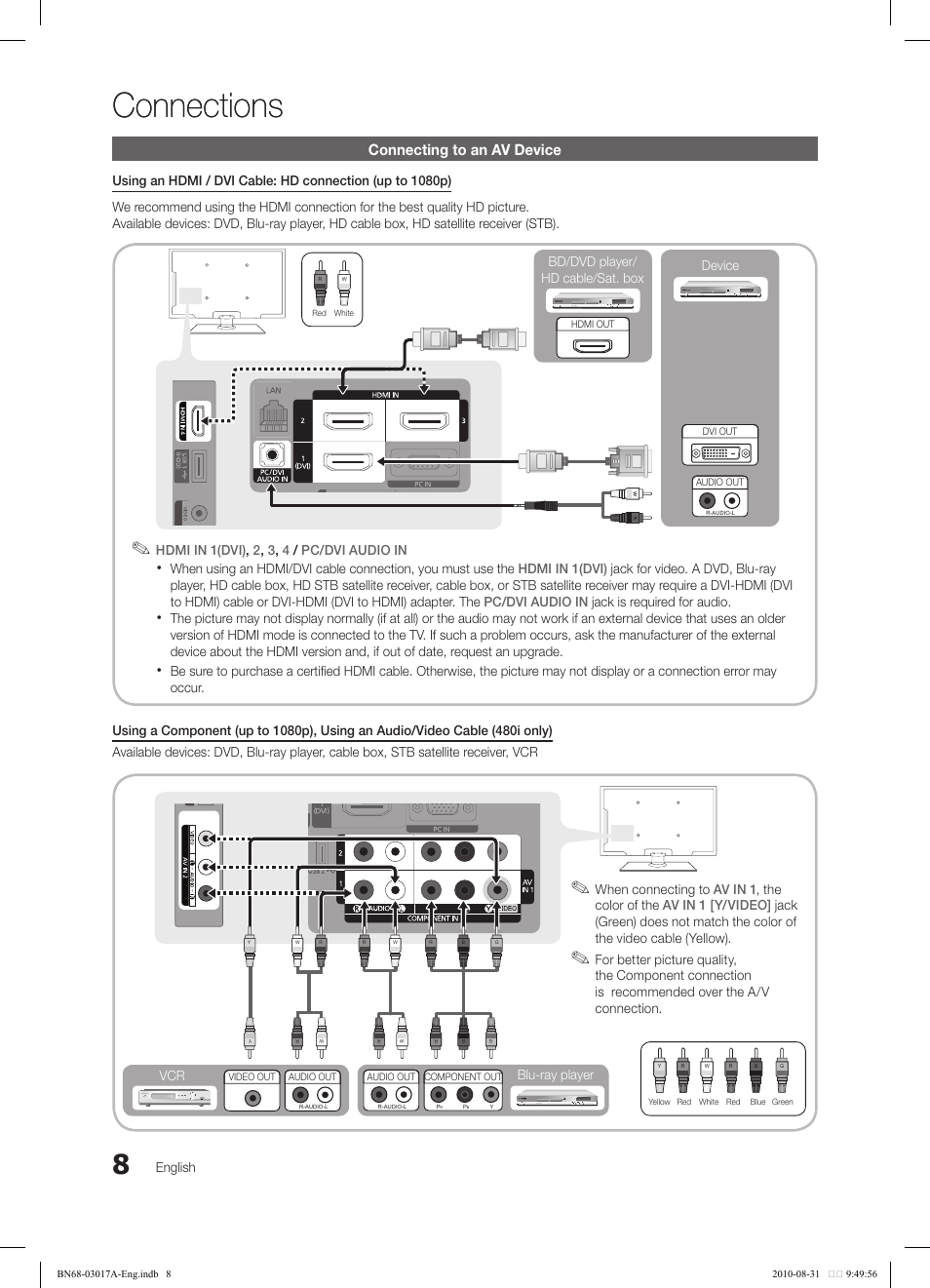 Connections, Connecting to an av device, Bd/dvd player/ hd cable/sat. box | Blu-ray player, When connecting to, English | Samsung LN40C560J2FXZA User Manual | Page 8 / 59