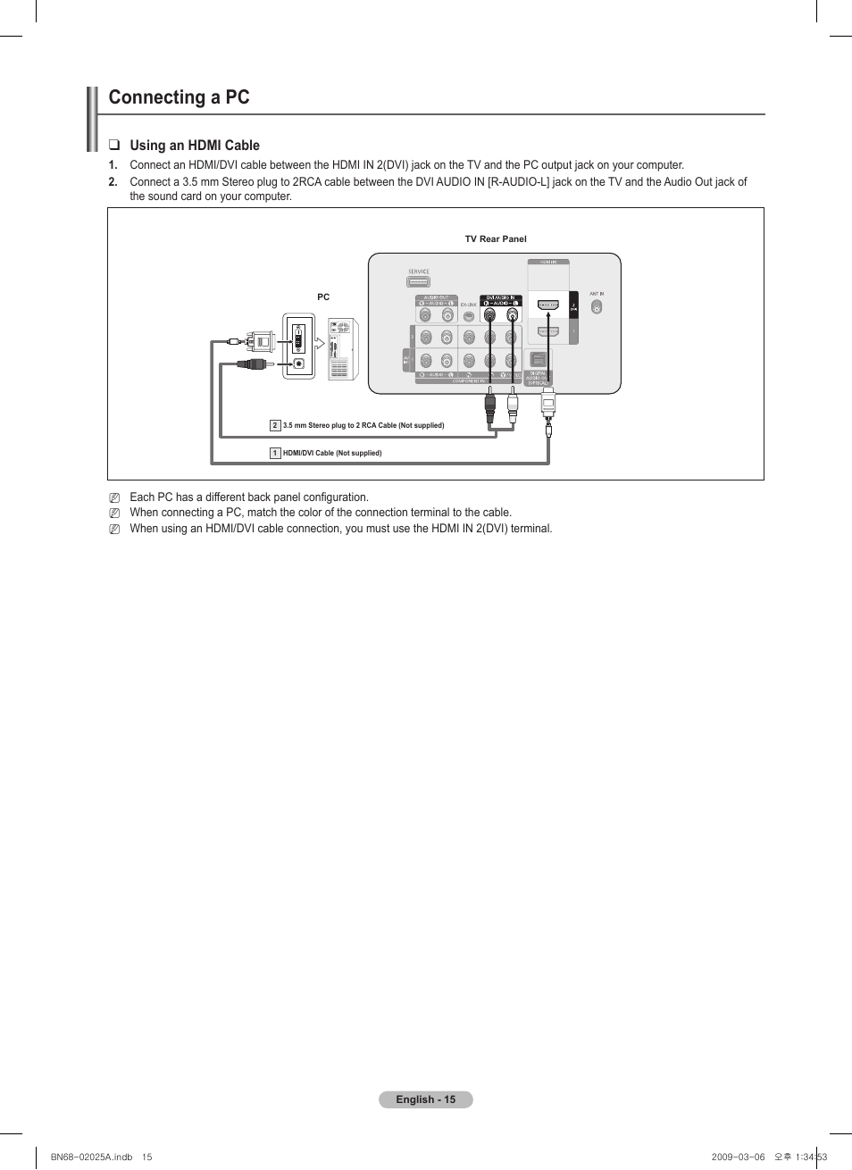 Connecting a pc, Using an hdmi cable | Samsung PN42B430P2DXZA User Manual | Page 15 / 90