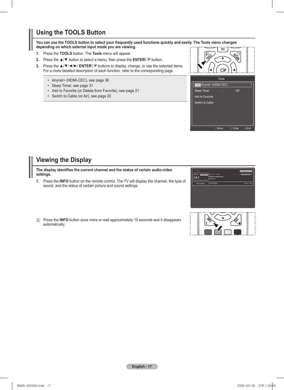 Using the tools button, Viewing the display | Samsung PN42B430P2DXZA User Manual | Page 17 / 90
