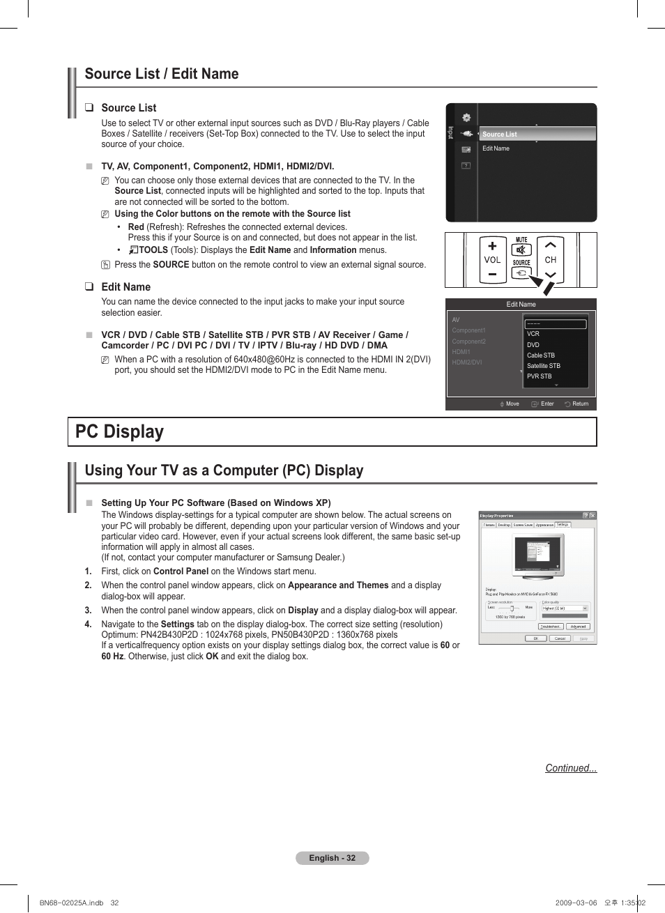 Pc display, Source list / edit name, Using your tv as a computer (pc) display | Source list, Edit name | Samsung PN42B430P2DXZA User Manual | Page 32 / 90