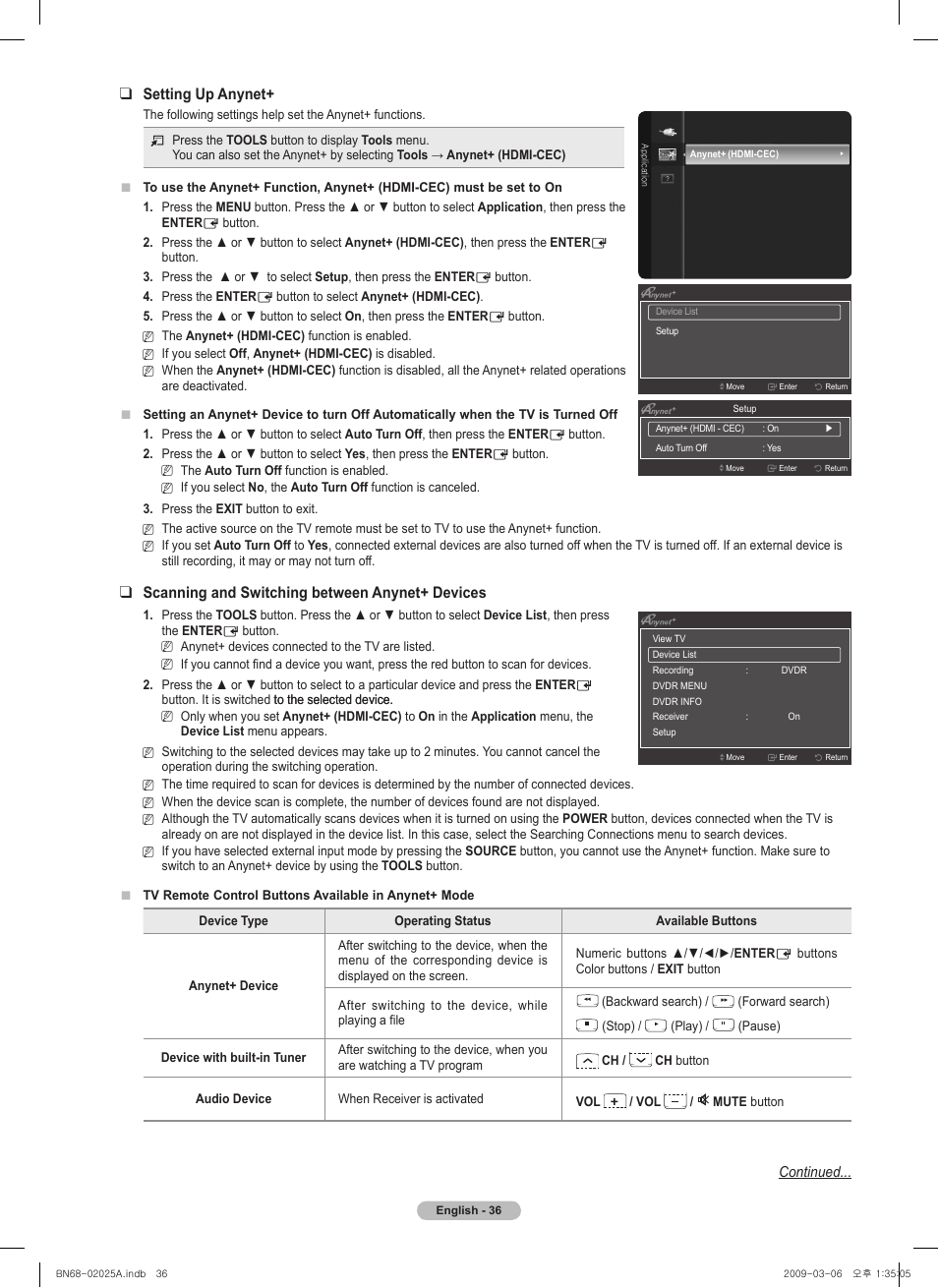 Setting up anynet, Scanning and switching between anynet+ devices | Samsung PN42B430P2DXZA User Manual | Page 36 / 90