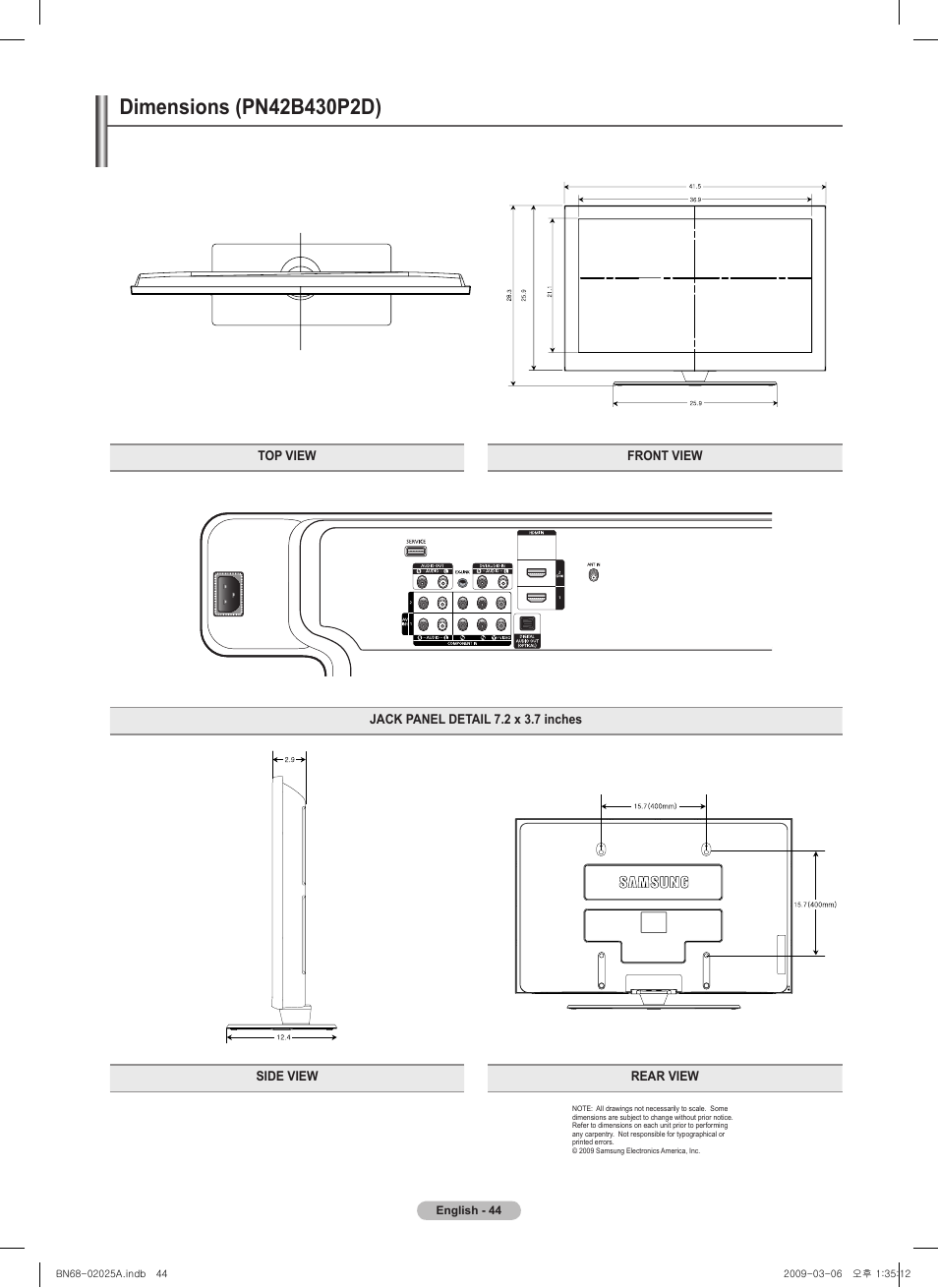 Dimensions (pn4b40pd) | Samsung PN42B430P2DXZA User Manual | Page 44 / 90