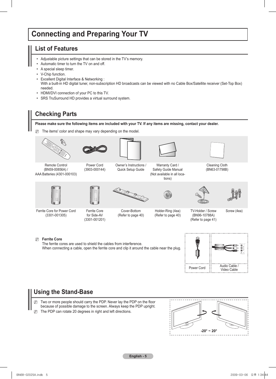 Connecting and preparing your tv, List of features, Checking parts | Using the stand-base | Samsung PN42B430P2DXZA User Manual | Page 5 / 90