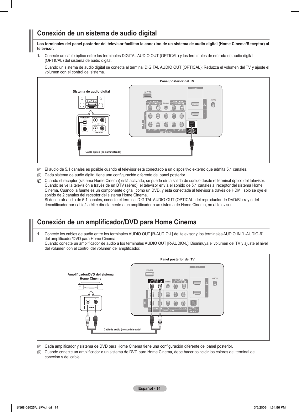 Conexión de un sistema de audio digital, Conexión de un amplificador/dvd para home cinema | Samsung PN42B430P2DXZA User Manual | Page 58 / 90