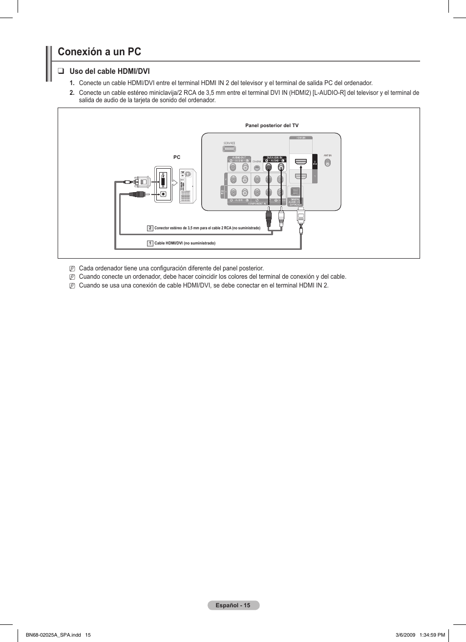 Conexión a un pc, Uso del cable hdmi/dvi | Samsung PN42B430P2DXZA User Manual | Page 59 / 90
