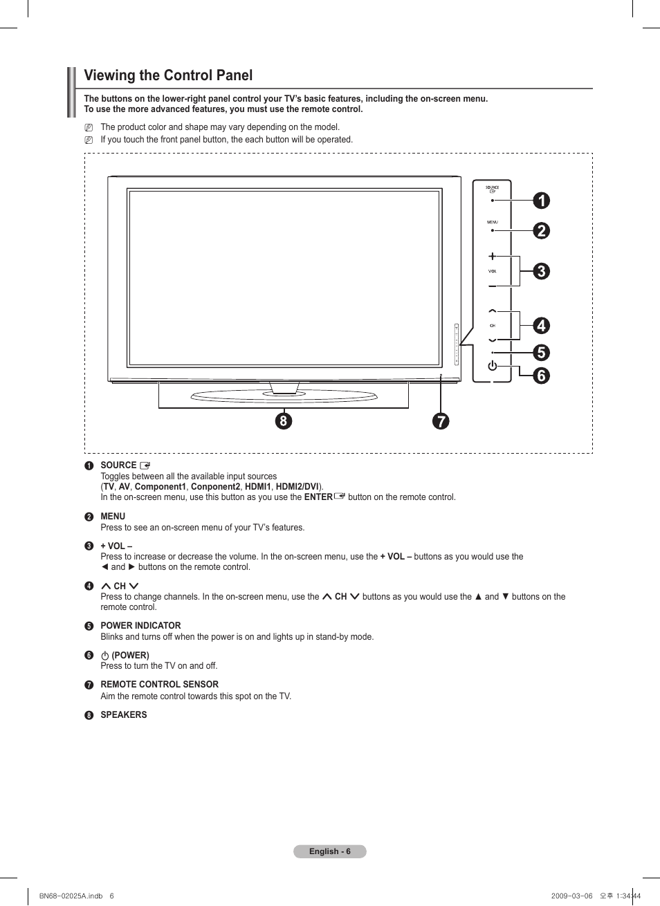 Viewing the control panel | Samsung PN42B430P2DXZA User Manual | Page 6 / 90