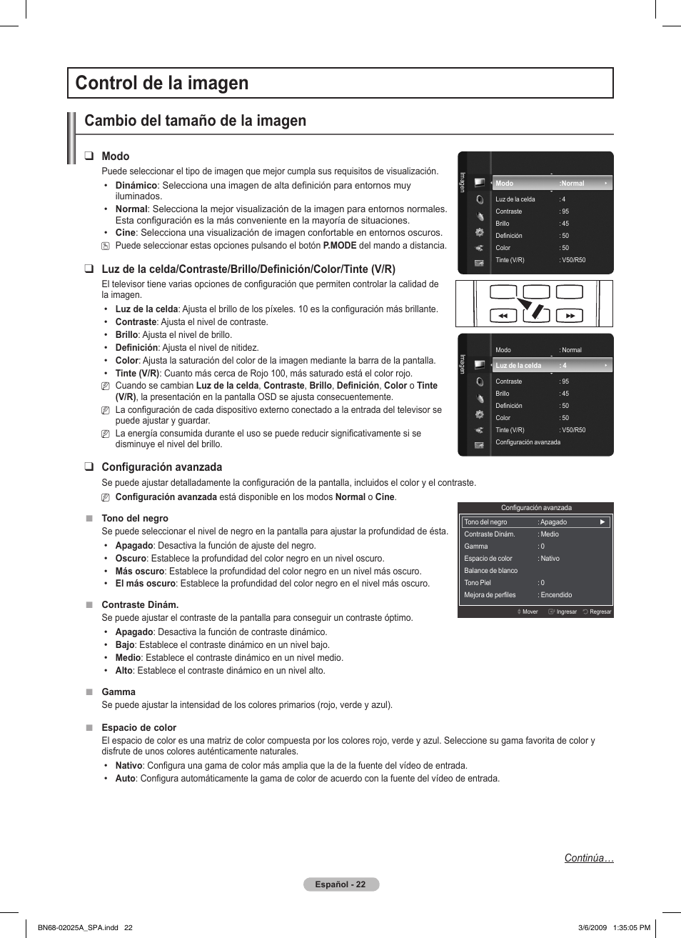 Control de la imagen, Cambio del tamaño de la imagen, Modo | Configuración avanzada | Samsung PN42B430P2DXZA User Manual | Page 66 / 90