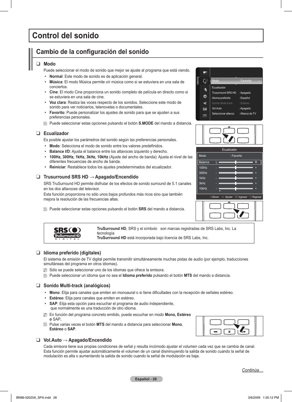 Control del sonido, Cambio de la configuración del sonido, Modo | Ecualizador, Trusurroundsrshd→apagado/encendido, Idioma preferido (digitales), Sonido multi-track (analógicos), Vol.auto→apagado/encendido | Samsung PN42B430P2DXZA User Manual | Page 70 / 90