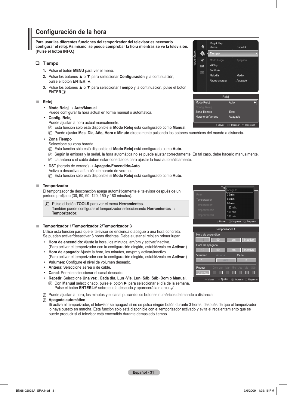 Configuración de la hora, Tiempo | Samsung PN42B430P2DXZA User Manual | Page 75 / 90