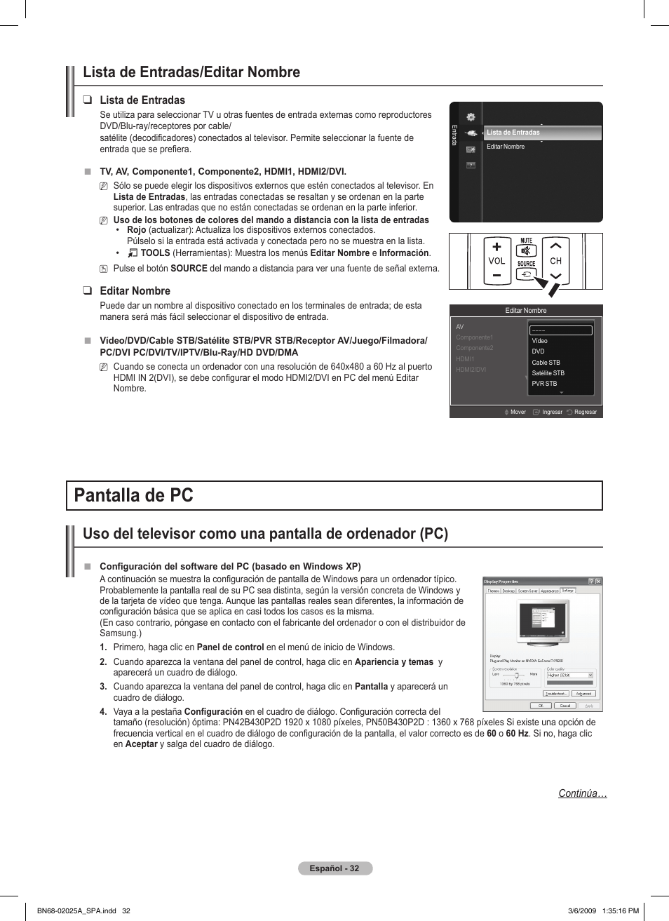 Pantalla de pc, Lista de entradas/editar nombre, Lista de entradas | Editar nombre | Samsung PN42B430P2DXZA User Manual | Page 76 / 90