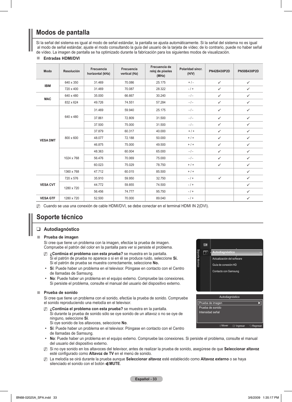 Soporte técnico, Modos de pantalla, Autodiagnóstico | Samsung PN42B430P2DXZA User Manual | Page 77 / 90