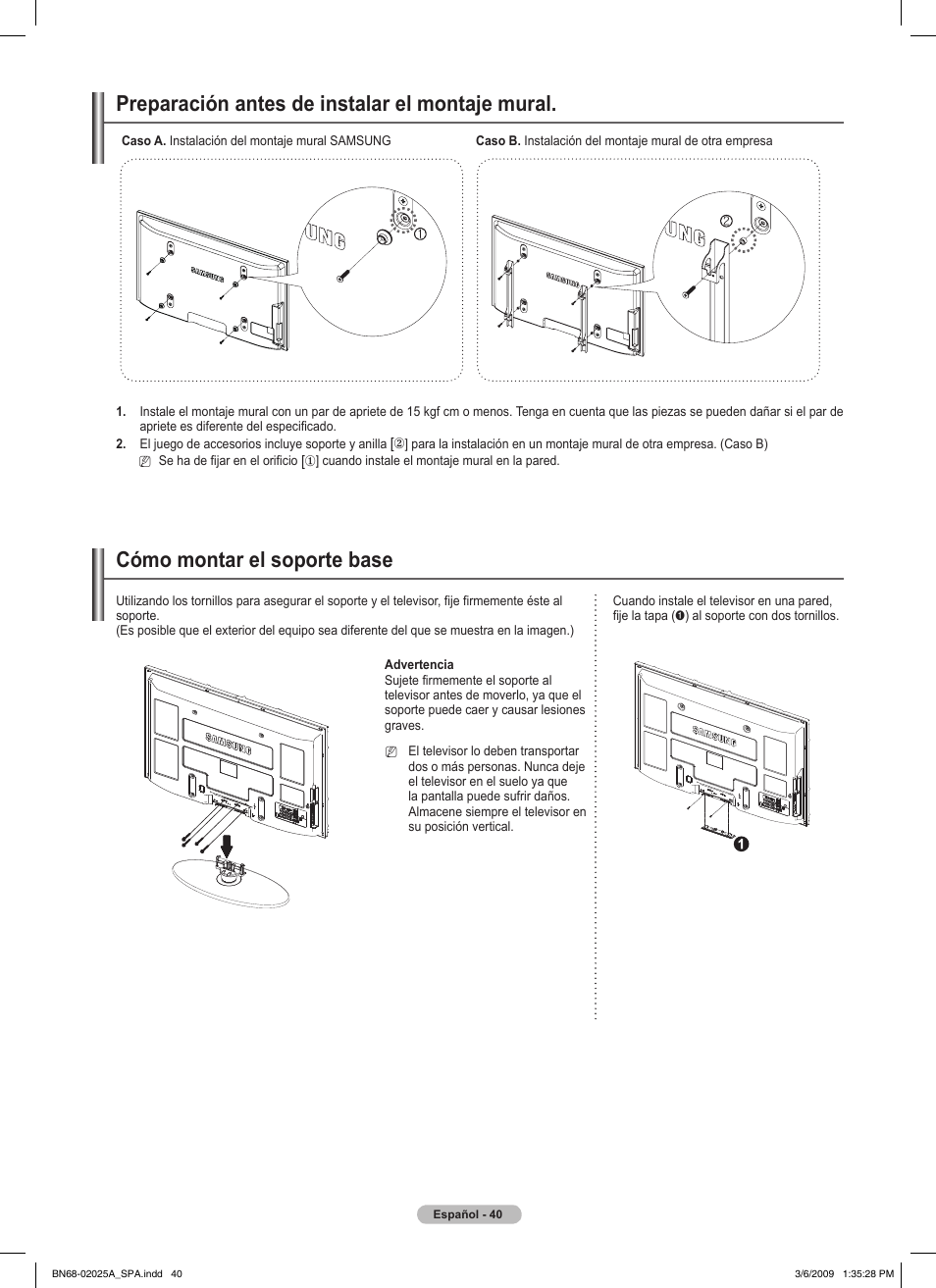Preparación antes de instalar el montaje mural, Cómo montar el soporte base | Samsung PN42B430P2DXZA User Manual | Page 84 / 90