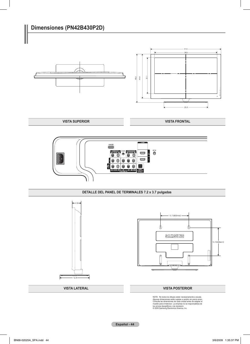 Dimensiones (pn4b40pd) | Samsung PN42B430P2DXZA User Manual | Page 88 / 90