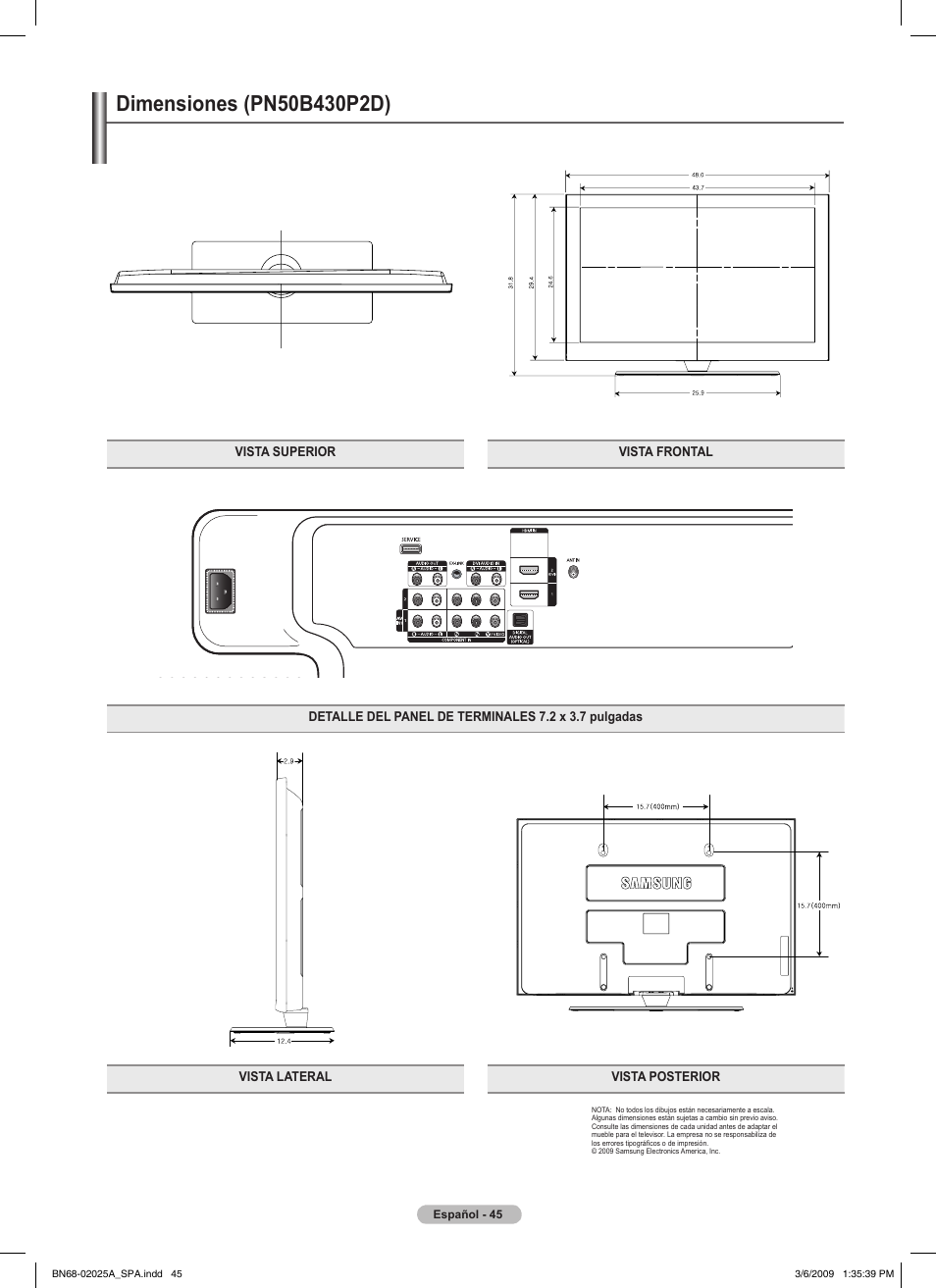 Dimensiones (pn50b40pd) | Samsung PN42B430P2DXZA User Manual | Page 89 / 90