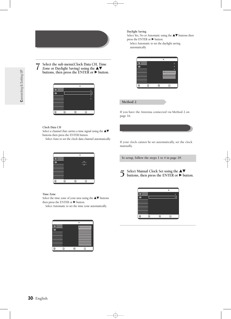 Manual clock set, English, Method 2 | Connecting & setting up | Samsung DVD-R120-XAX User Manual | Page 30 / 98
