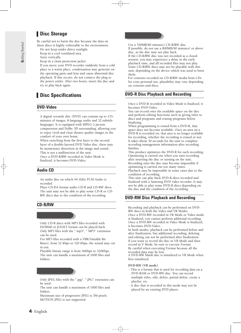 Disc storage, Disc specifications, Dvd-r disc playback and recording | Dvd-rw disc playback and recording, Dvd-video, Audio cd, Cd-r/rw, Mp3 cd-r/rw jpeg cd-r/rw using cd-r/rw, English | Samsung DVD-R120-XAX User Manual | Page 4 / 98