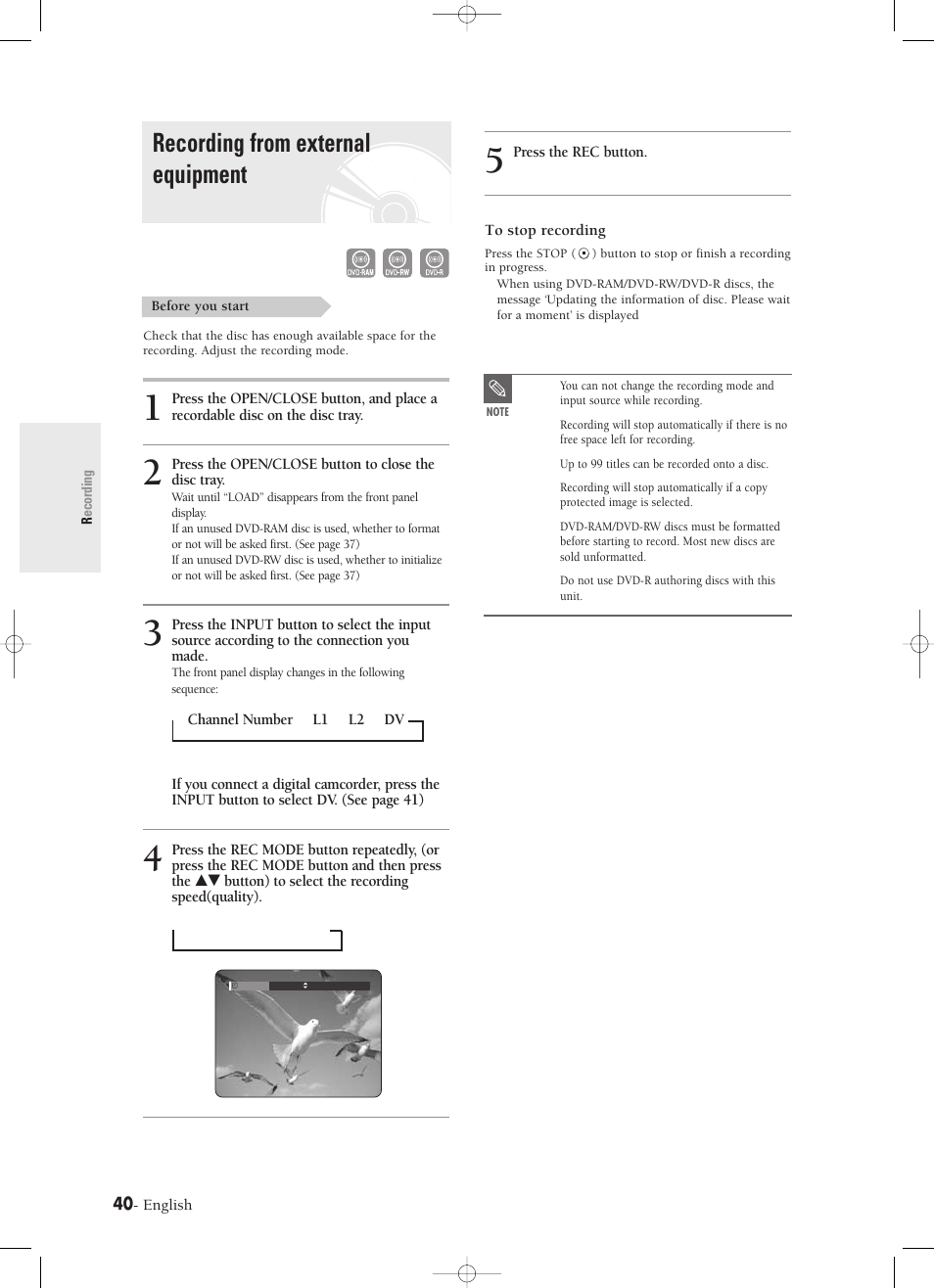 Recording from external equipment | Samsung DVD-R120-XAX User Manual | Page 40 / 98