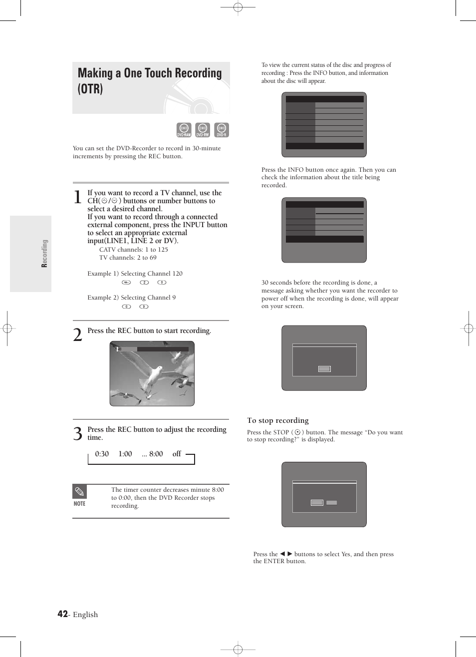 Making a one touch recording (otr), English, Press the rec button to start recording | Press the rec button to adjust the recording time | Samsung DVD-R120-XAX User Manual | Page 42 / 98