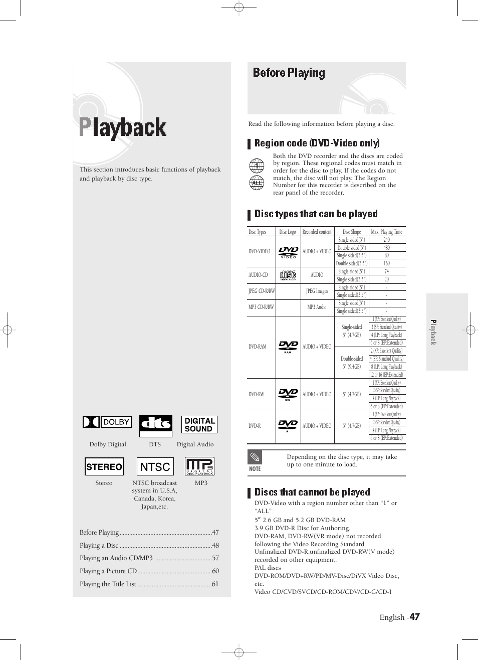 Playback, Before playing, Region code (dvd-video only) | Disc types that can be played, Discs that cannot be played, Beforeplaying, Region code (dvd-videoonly) | Samsung DVD-R120-XAX User Manual | Page 47 / 98