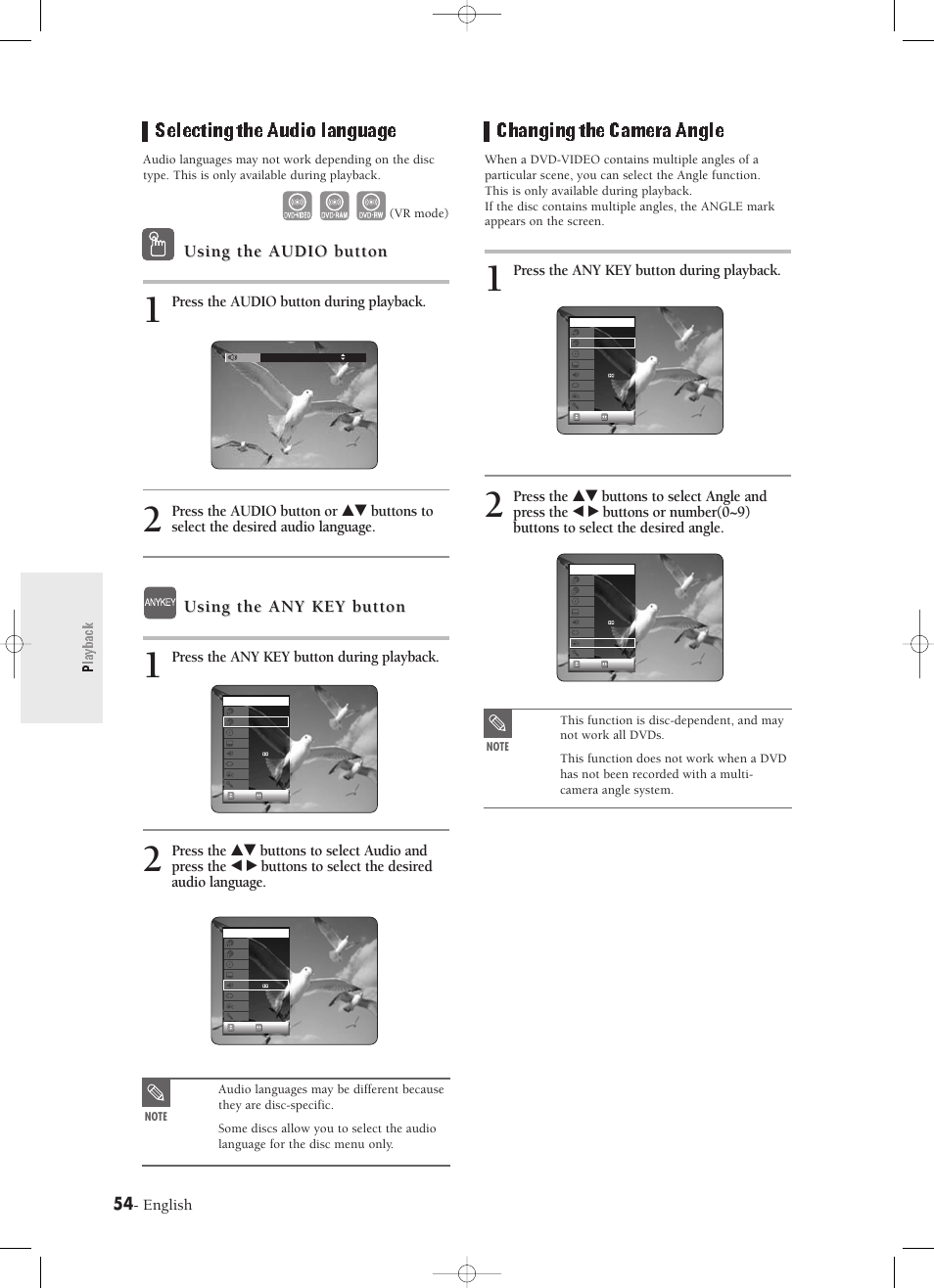 Selecting the audio language, Changing the camera angle, Playback | Using the audio button, Using the any key button, English, Press the audio button during playback, Press the any key button during playback, Vr mode) | Samsung DVD-R120-XAX User Manual | Page 54 / 98
