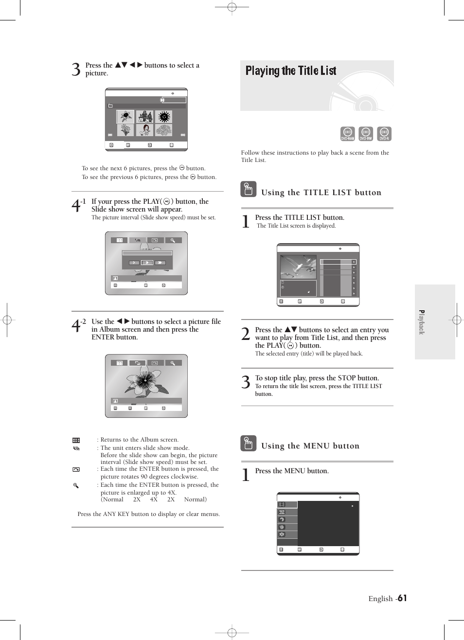 Playing the title list, Playingthetitlelist, Playback | Using the title list button, Using the menu button, English, Press the title list button, Press the menu button, Press the …† œ √ buttons to select a picture | Samsung DVD-R120-XAX User Manual | Page 61 / 98