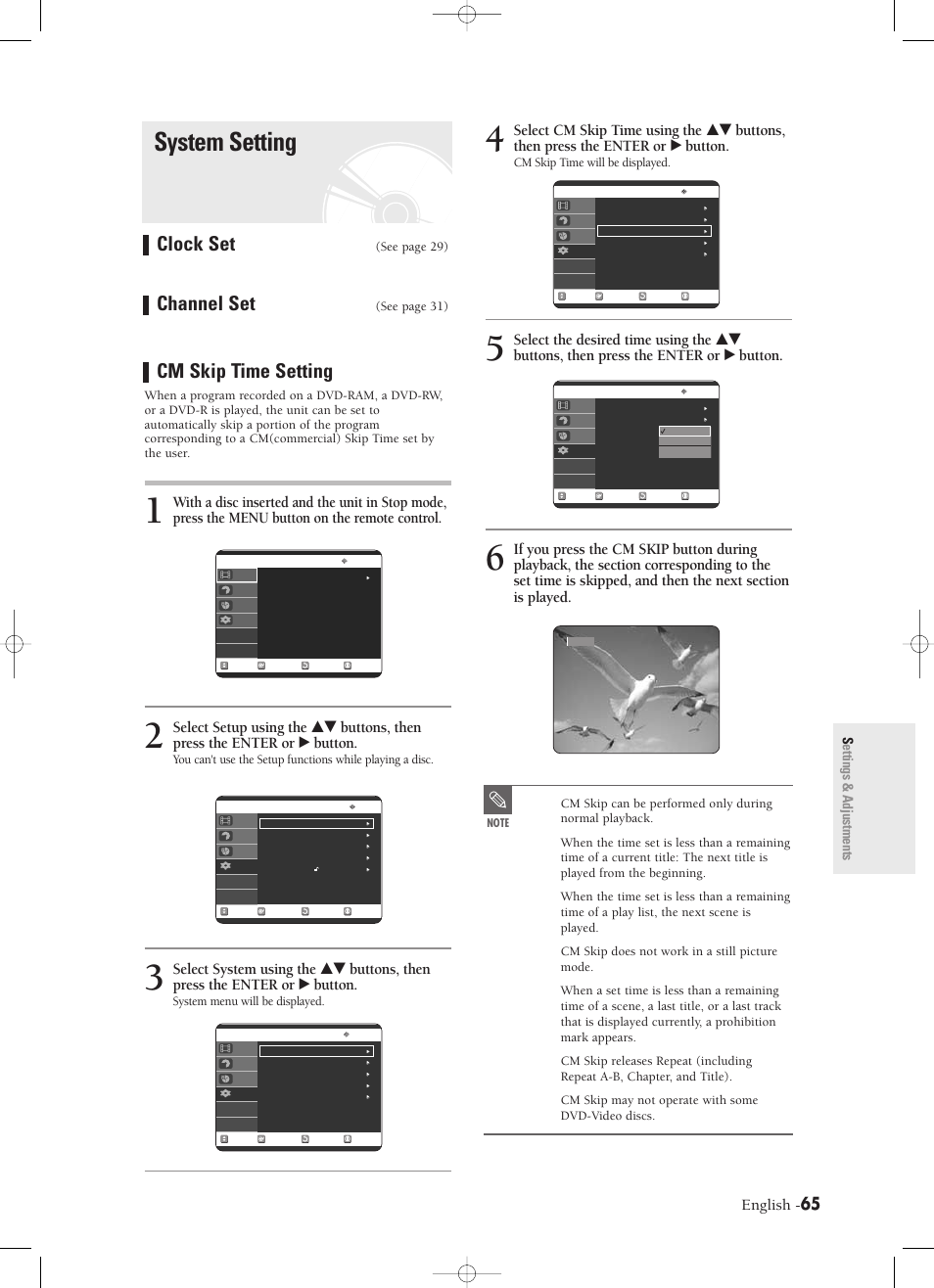 System setting, Clock set, Channel set | Cm skip time setting, English, Settings & adjustments, See page 29), See page 31), System menu will be displayed, Cm skip time will be displayed | Samsung DVD-R120-XAX User Manual | Page 65 / 98