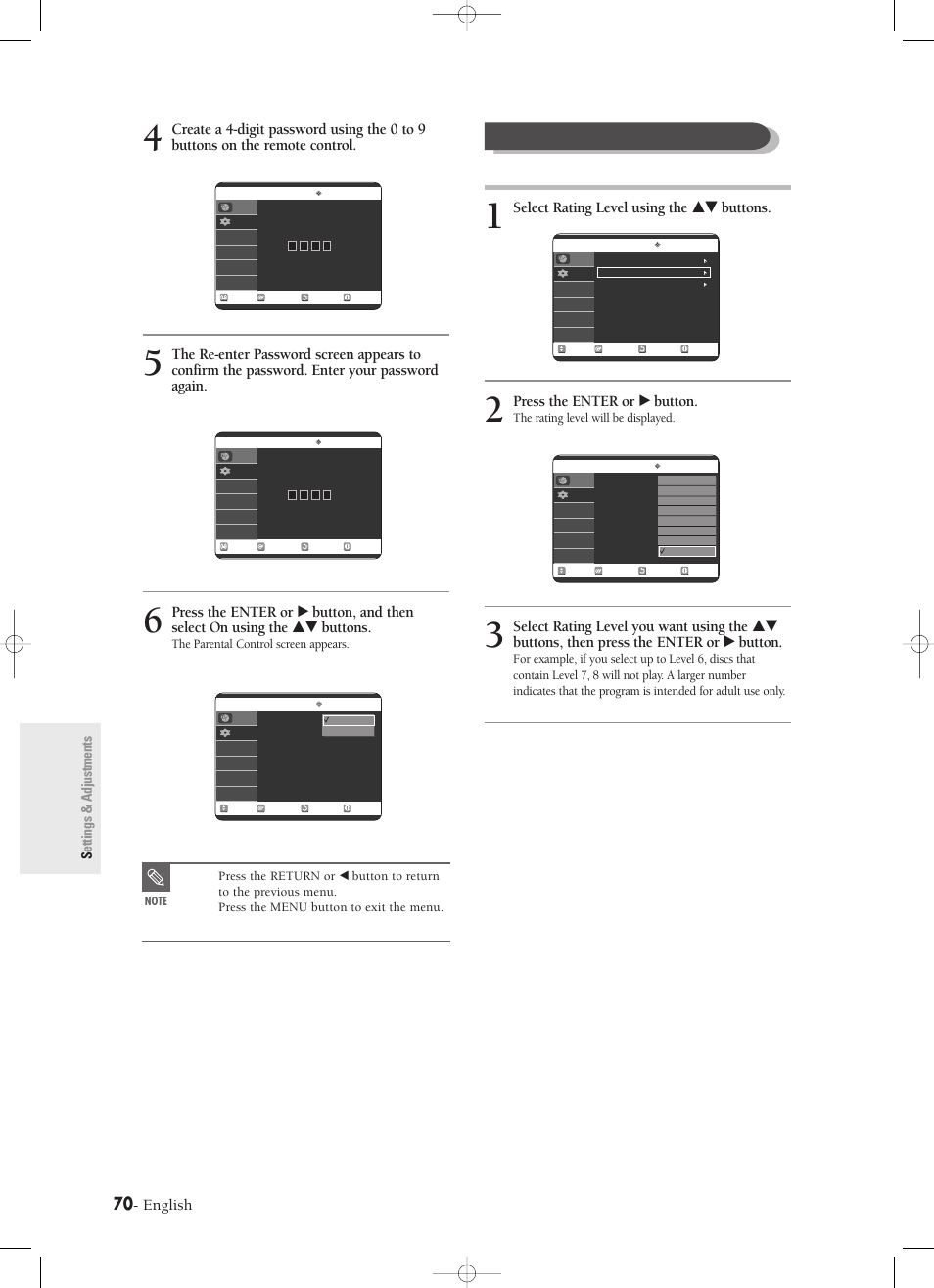 About the rating level, English, Select rating level using the …† buttons | Press the enter or √ button, Settings & adjustments, The rating level will be displayed, The parental control screen appears | Samsung DVD-R120-XAX User Manual | Page 70 / 98