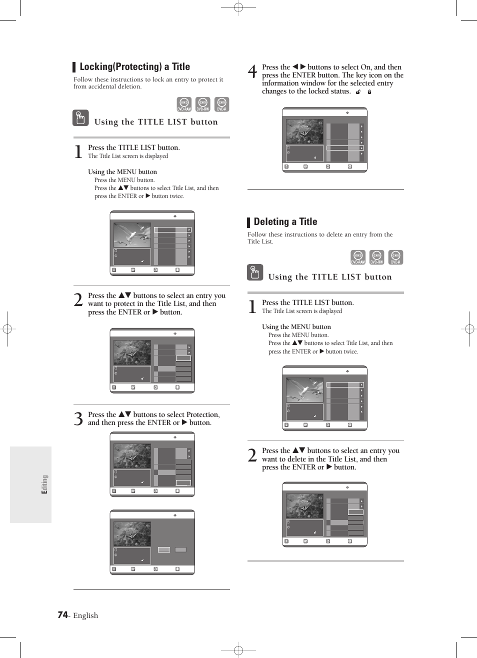 Locking(protecting) a title, Deleting a title, Using the title list button | English, Press the title list button, Editing, Using the menu button, The title list screen is displayed, Press the menu button | Samsung DVD-R120-XAX User Manual | Page 74 / 98