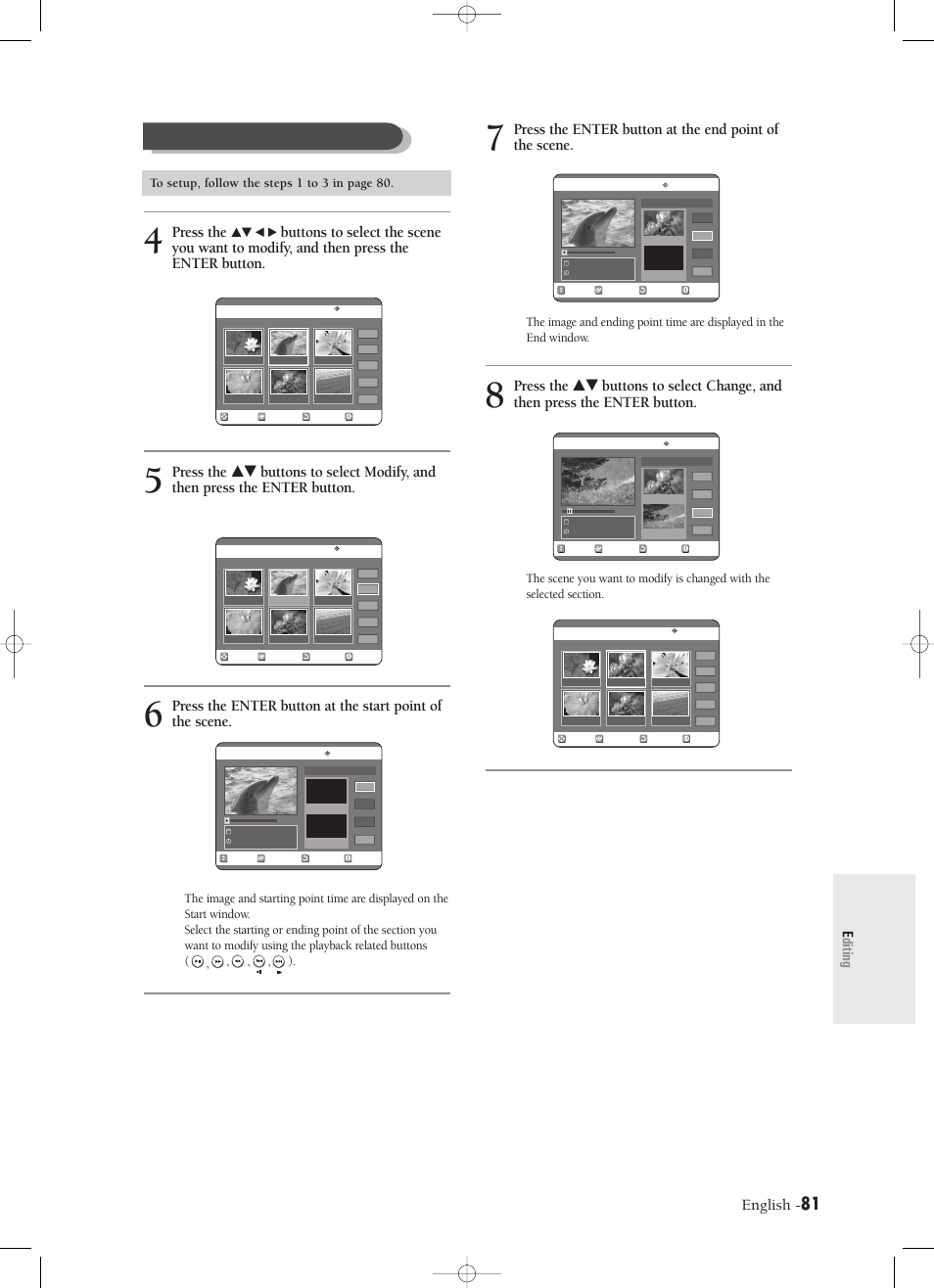 Modifying a scene (replacing a scene), English, Press the | Editing | Samsung DVD-R120-XAX User Manual | Page 81 / 98