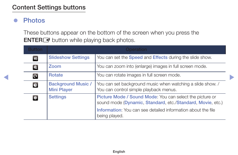 Photos, Content settings buttons | Samsung PN51F5300AFXZA User Manual | Page 104 / 157
