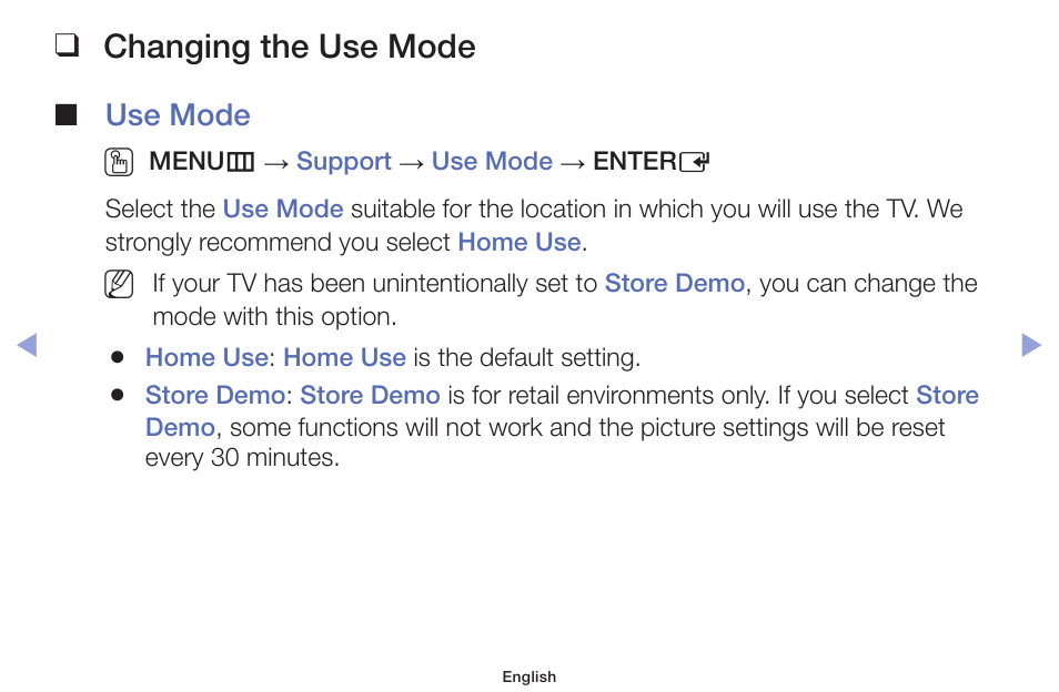 Changing the use mode, Use mode o | Samsung PN51F5300AFXZA User Manual | Page 126 / 157