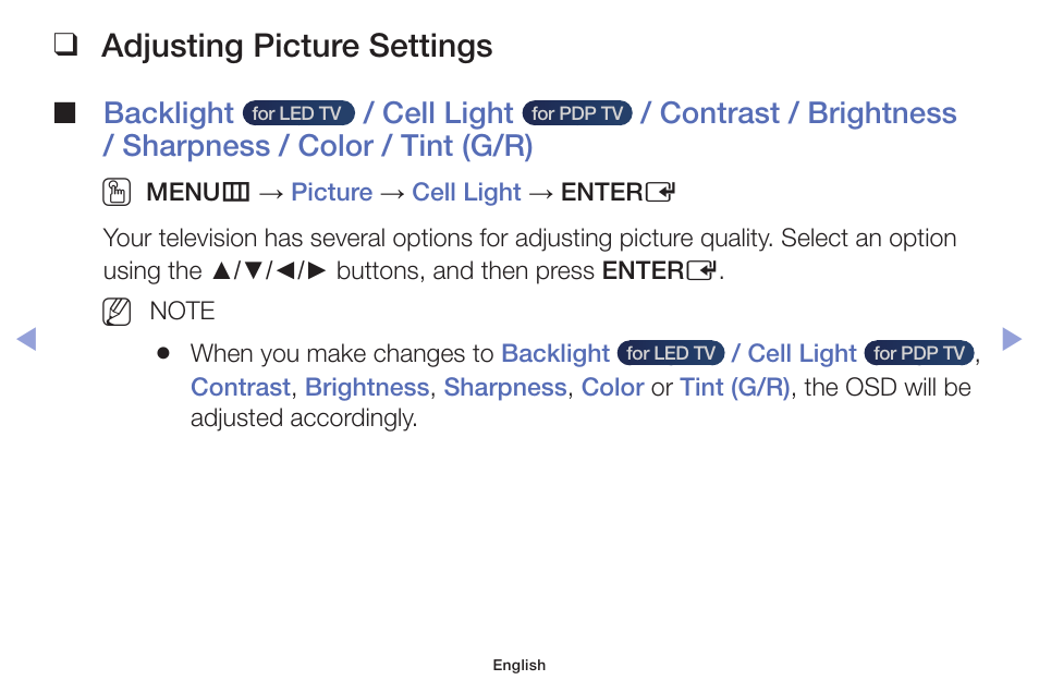 Adjusting picture settings, Backlight, Cell light | Samsung PN51F5300AFXZA User Manual | Page 40 / 157