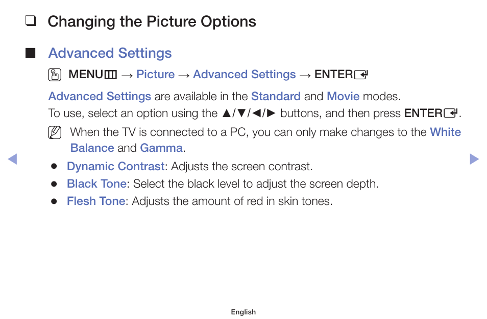 Changing the picture options, Advanced settings o | Samsung PN51F5300AFXZA User Manual | Page 50 / 157