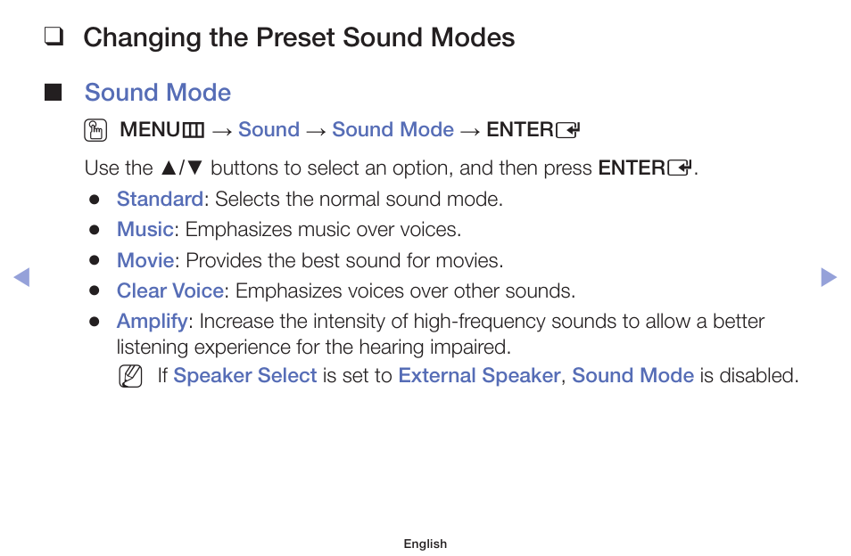 Changing the preset sound modes, Sound mode o | Samsung PN51F5300AFXZA User Manual | Page 61 / 157