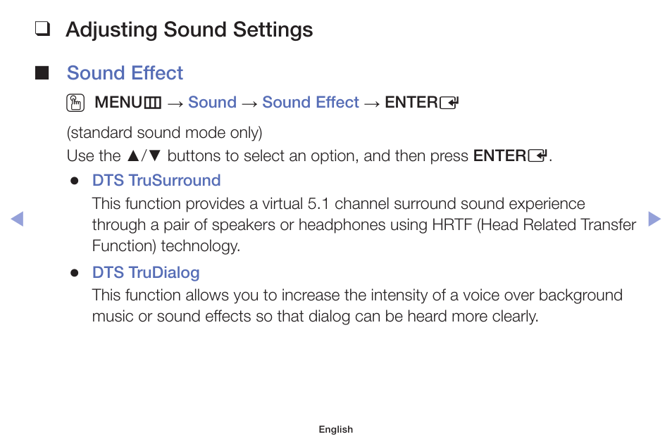 Adjusting sound settings, Sound effect o | Samsung PN51F5300AFXZA User Manual | Page 62 / 157