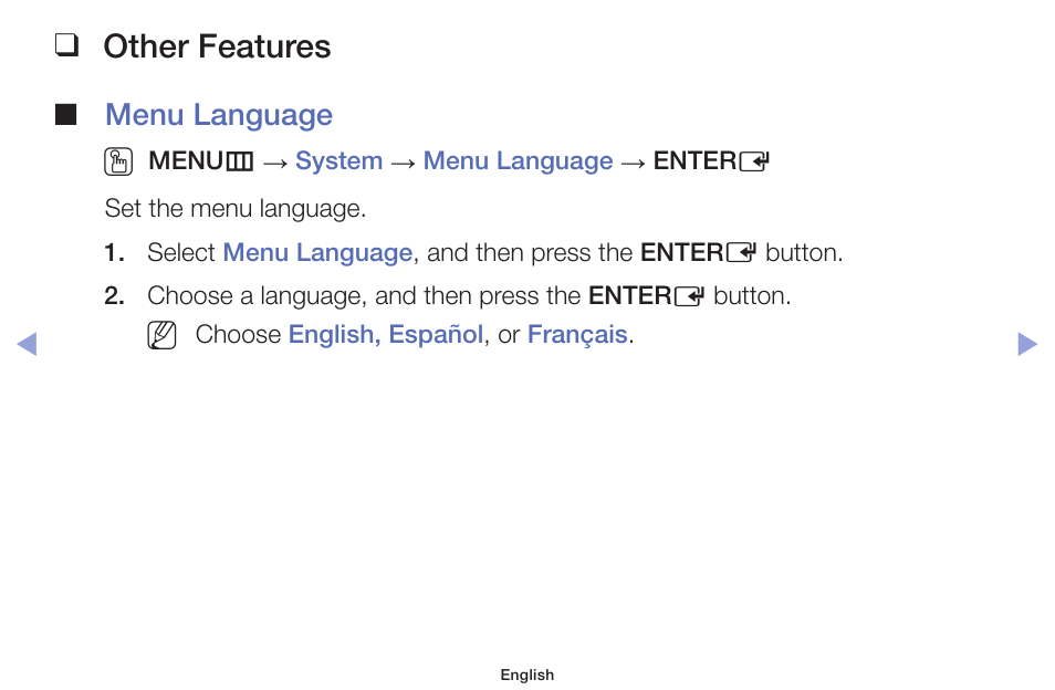 Other features, Menu language o | Samsung PN51F5300AFXZA User Manual | Page 81 / 157