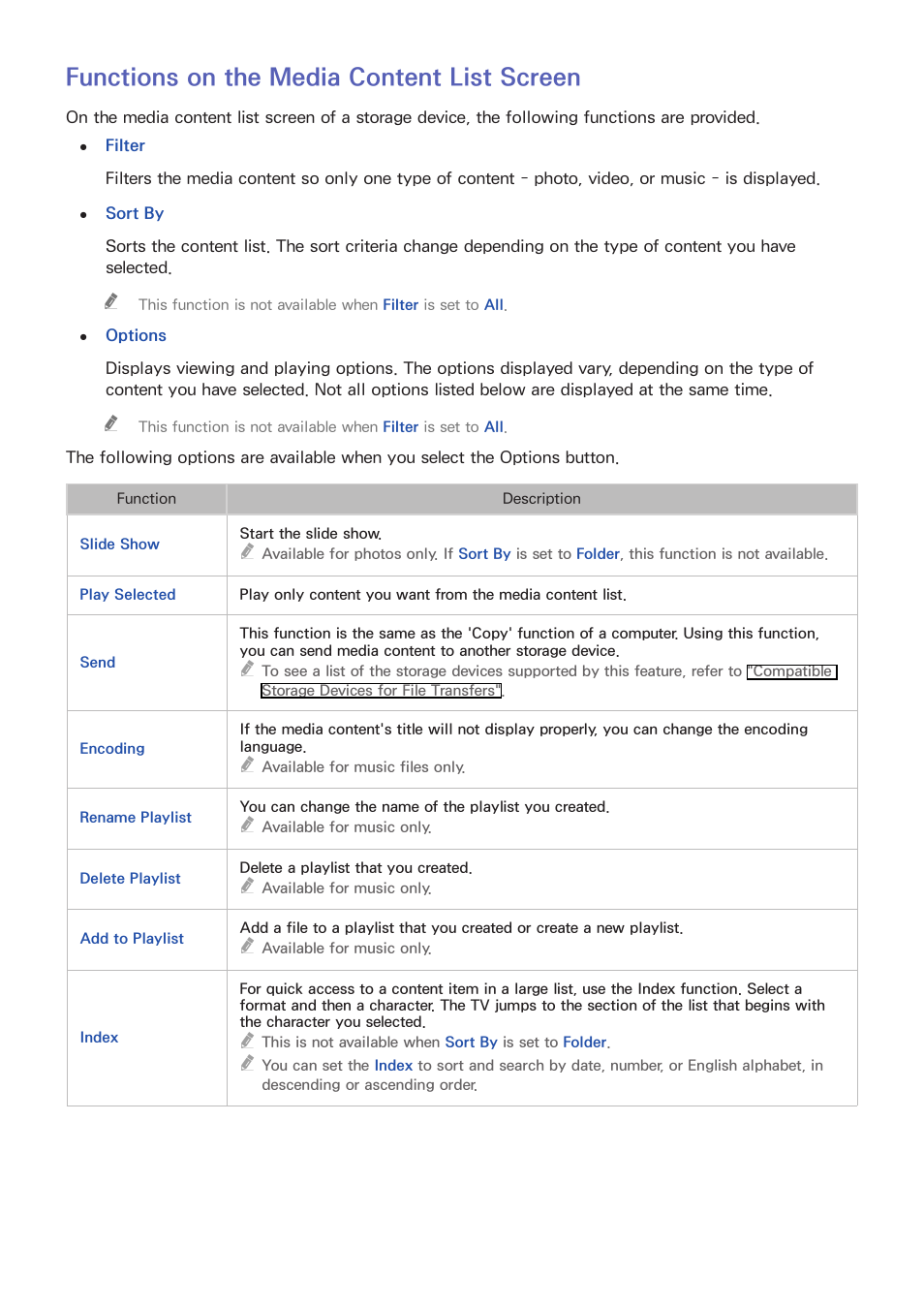 100 functions on the media content list screen, Functions on the media content list screen | Samsung UN78HU9000FXZA User Manual | Page 106 / 244