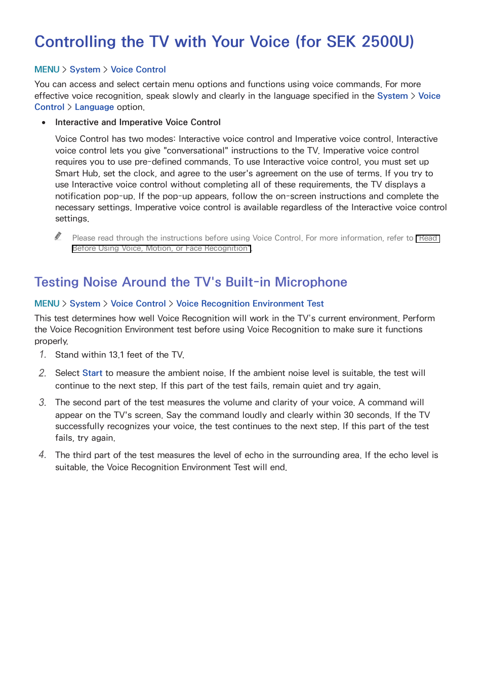 Controlling the tv with your voice (for sek 2500u), Testing noise around the tv's built-in microphone | Samsung UN78HU9000FXZA User Manual | Page 114 / 244
